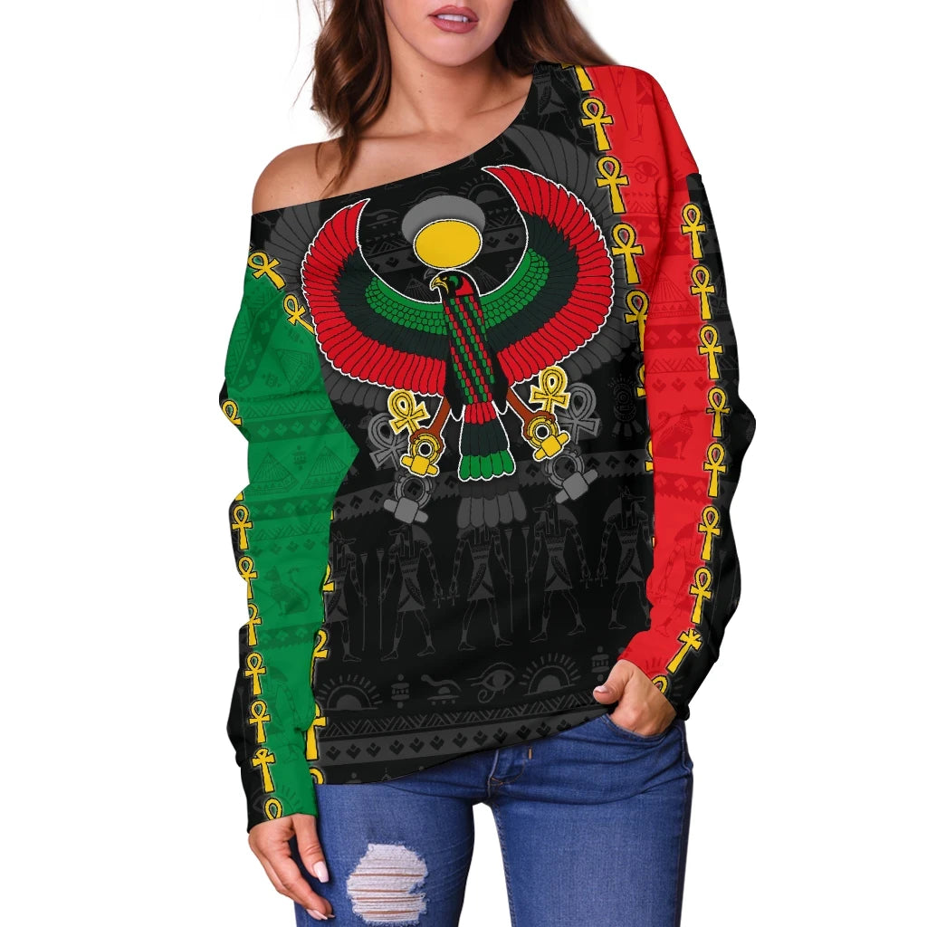 Pan African Off Shoulder Sweater Pan,Africanism Ancient Egypt Horus