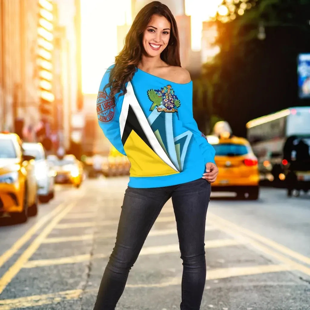 Saint Lucia Off Shoulder Sweater Flag With Coat Of Arms