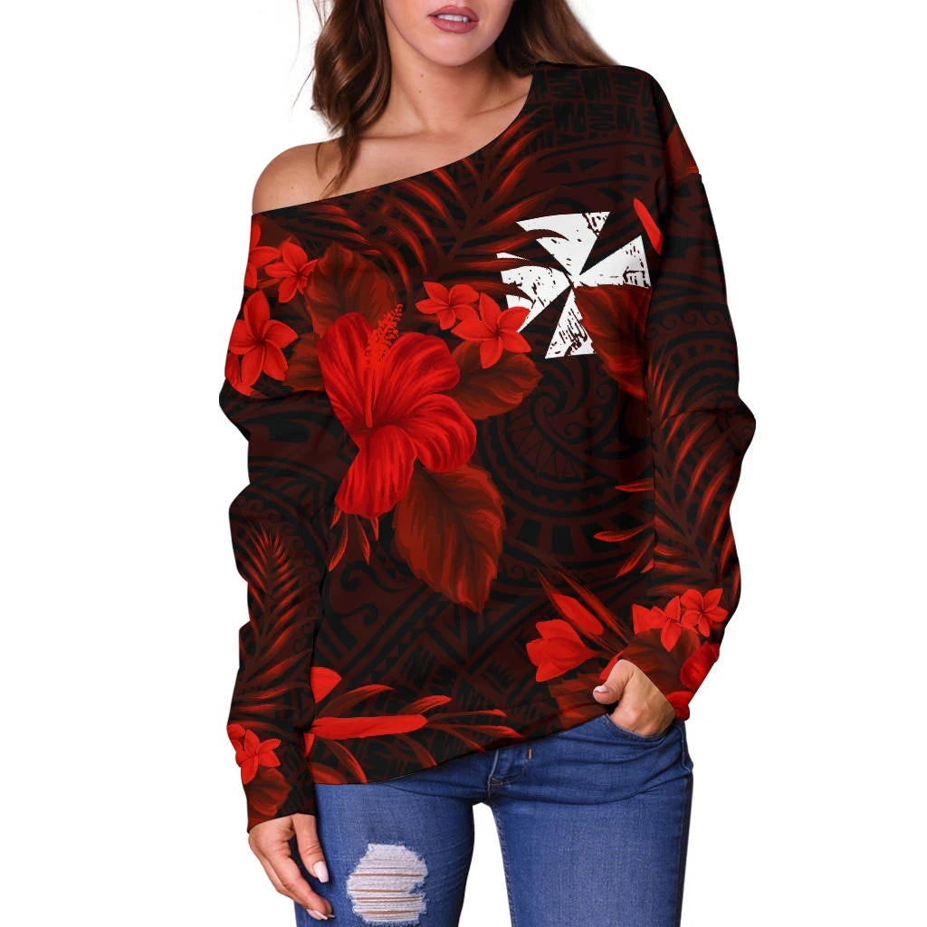 Wallis And Futuna Women's Off Shoulder Sweater Coat Of Arms Hibiscus Red