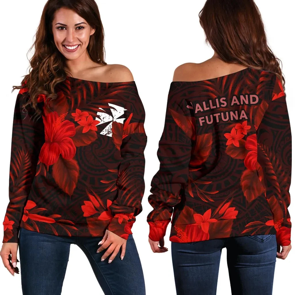 Wallis And Futuna Women's Off Shoulder Sweater Coat Of Arms Hibiscus Red
