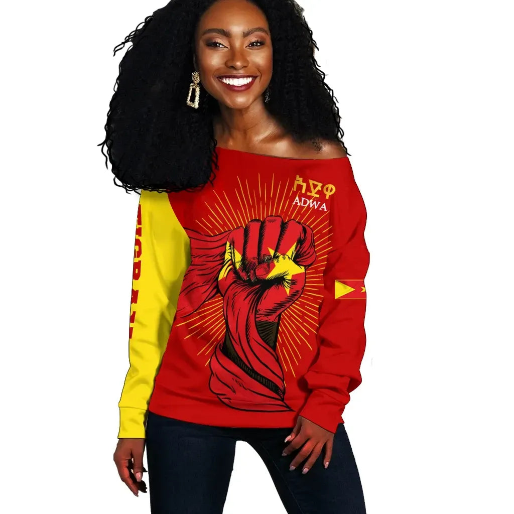 Tigray Off Shoulder Sweater Tigray Clenched Hand Raised Flag