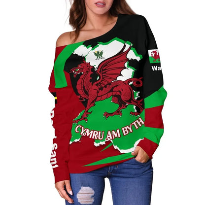 Wales Women's Off Shoulder Sweater St David's Day with Map and Flag