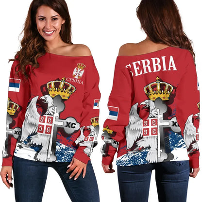 Serbia Off Shoulder Sweater Serbian Eagle / Orthodox Cross
