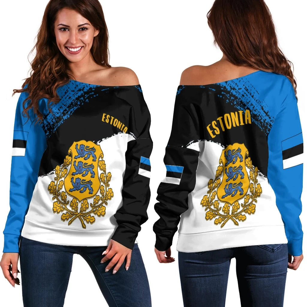 Estonia Women's Off Shoulder Sweater Coat Of Arms And Flag Color