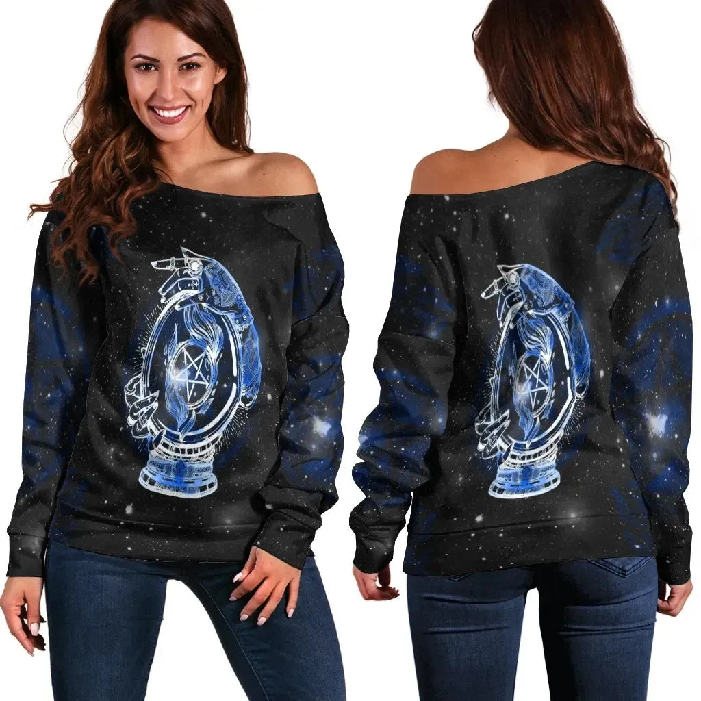 Celtic Wicca Women's Off Shoulder Sweater Wiccan Mystical Mudra Hands With Pentacle