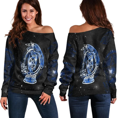 Celtic Wicca Women's Off Shoulder Sweater Wiccan Mystical Mudra Hands With Pentacle
