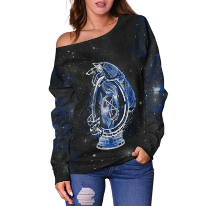 Celtic Wicca Women's Off Shoulder Sweater Wiccan Mystical Mudra Hands With Pentacle