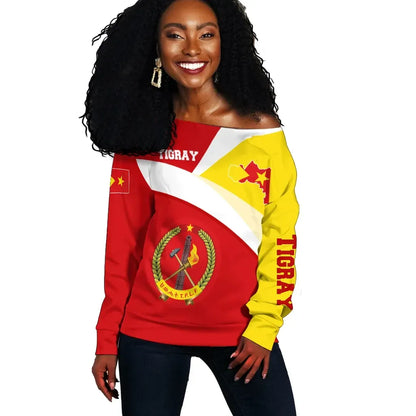 Tigray Off Shoulder Sweater Tigray Flag Maps Red