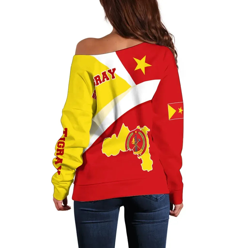 Tigray Off Shoulder Sweater Tigray Flag Maps Red