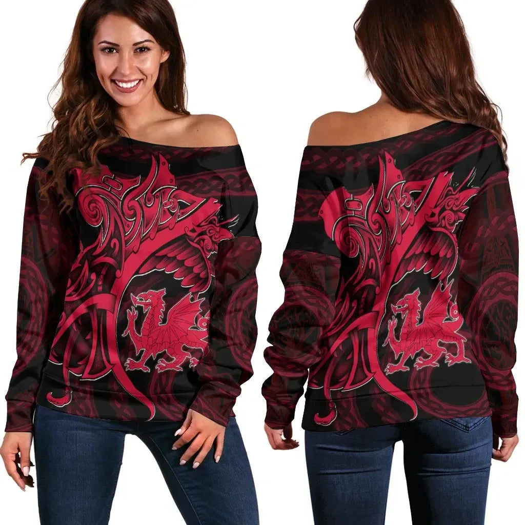 Wales Women's Off Shoulder Sweater Fury Dragon Celtic 25