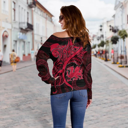 Wales Women's Off Shoulder Sweater Fury Dragon Celtic 25