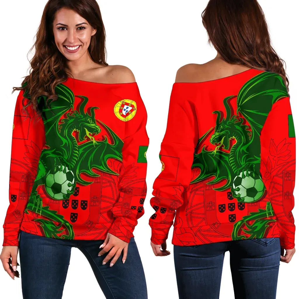 Portugal Football Dragon Green Off Shoulder Sweater