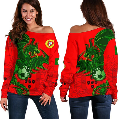 Portugal Football Dragon Green Off Shoulder Sweater