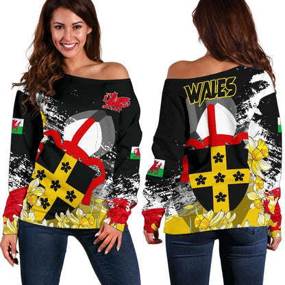 Wales Off Shoulder Sweater Saint David Dragon Flag Special¬†Women