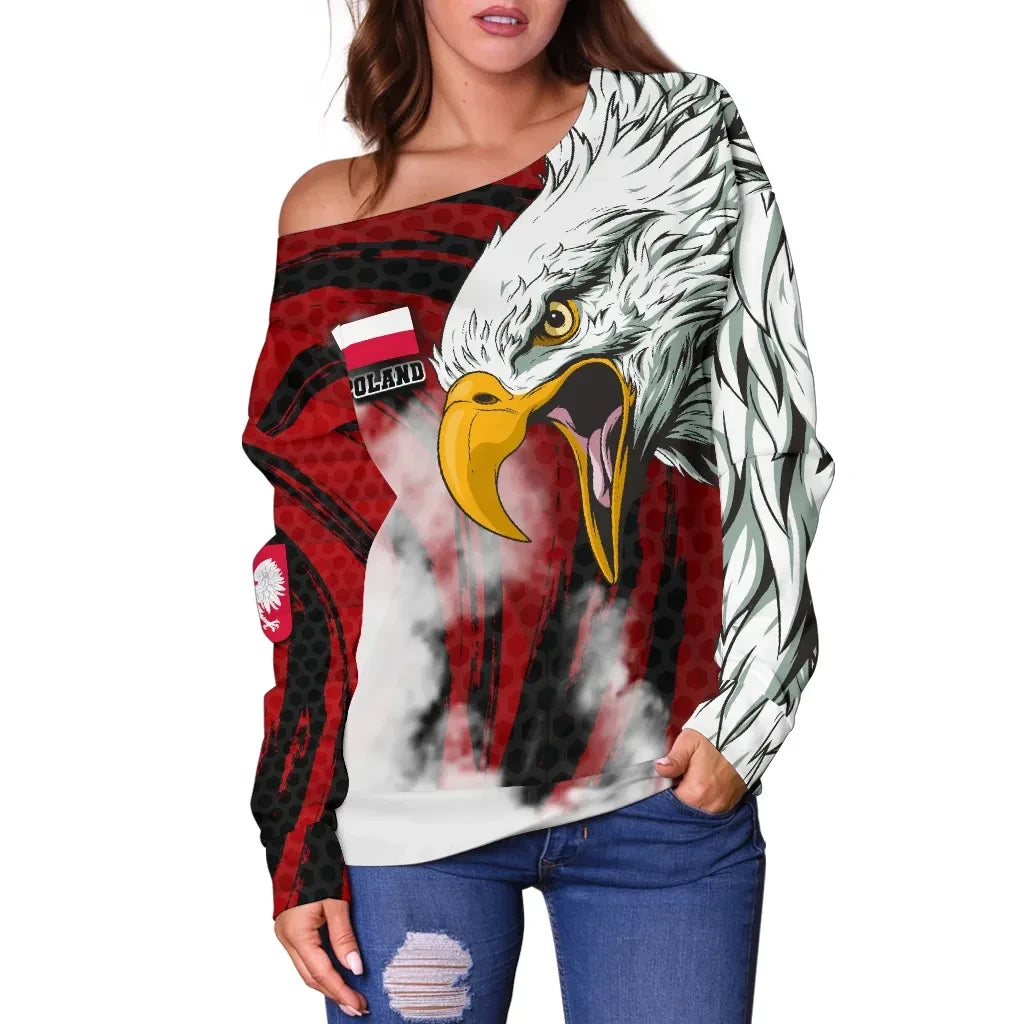 Poland Women Off Shoulder Sweater Polish White Eagle Powerful