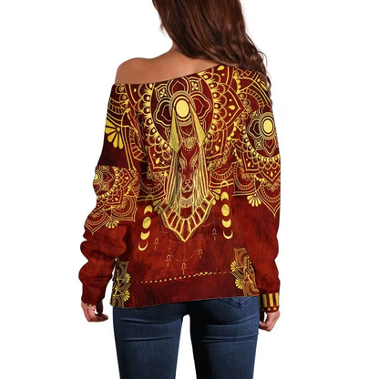Egypt Off Shoulder Sweater Egyptian Anubis Pattern Red