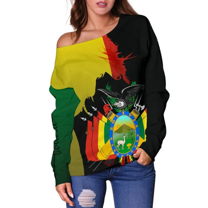 Bolivia Flag,Coat of Arms Off Shoulder Sweater