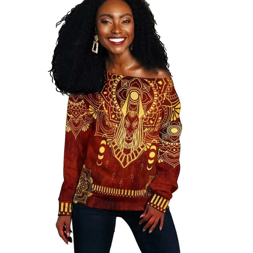 Egypt Off Shoulder Sweater Egyptian Anubis Pattern Red