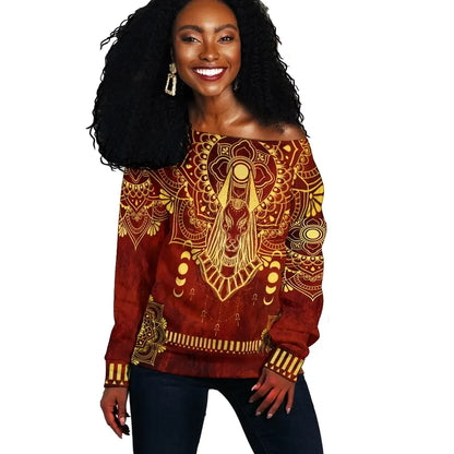 Egypt Off Shoulder Sweater Egyptian Anubis Pattern Red