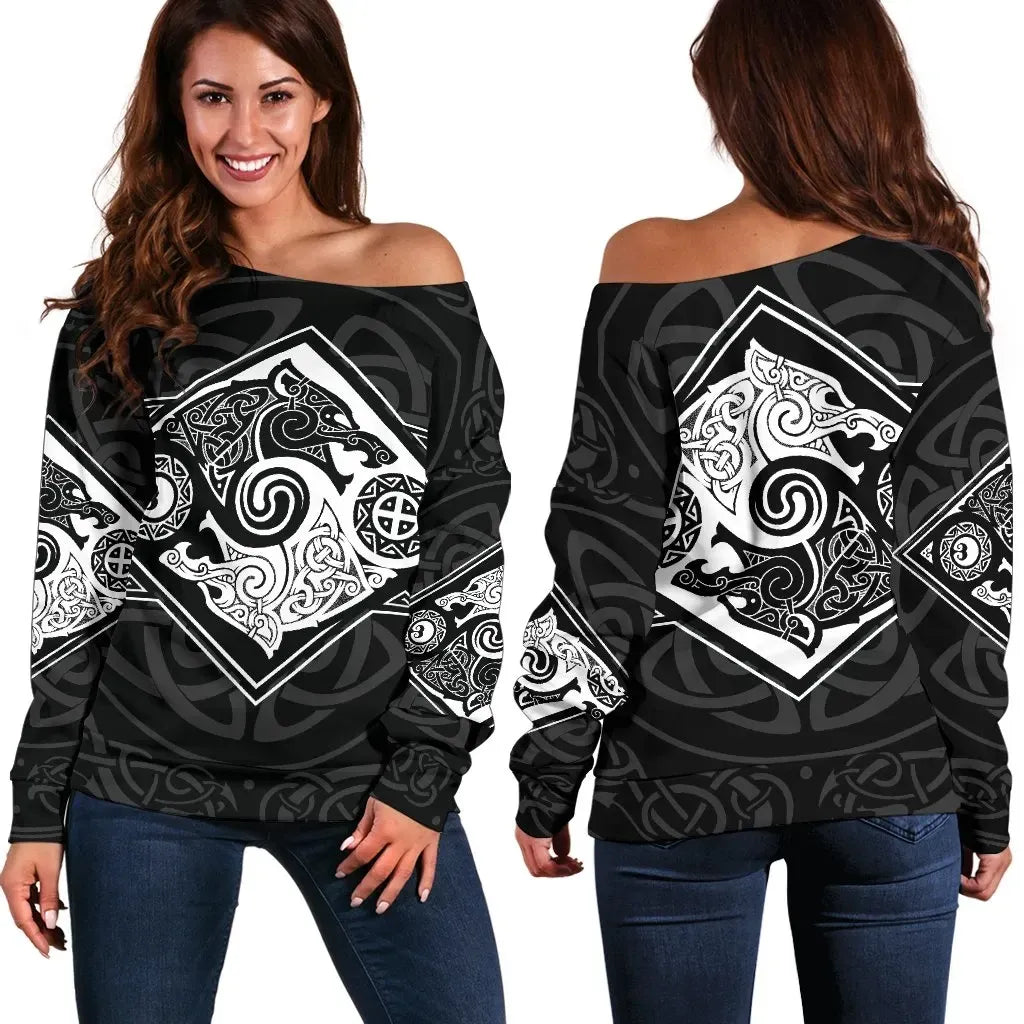 Vikings Off Shoulder Sweater The Wolves Skoll And Hati