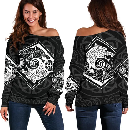 Vikings Off Shoulder Sweater The Wolves Skoll And Hati