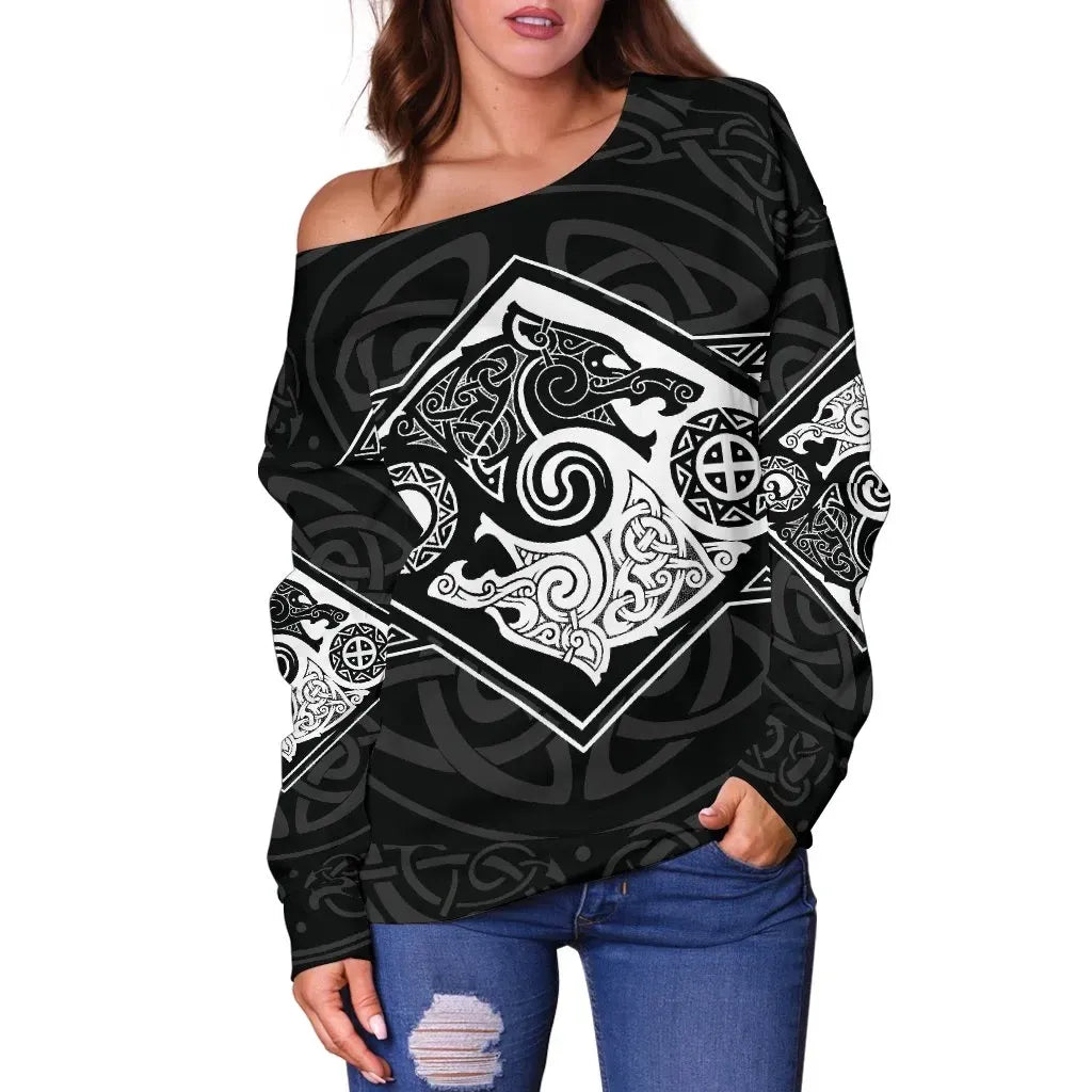 Vikings Off Shoulder Sweater The Wolves Skoll And Hati