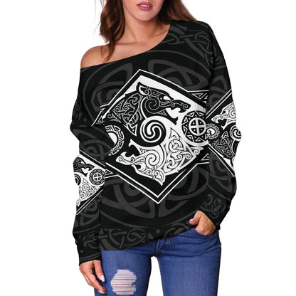 Vikings Off Shoulder Sweater The Wolves Skoll And Hati