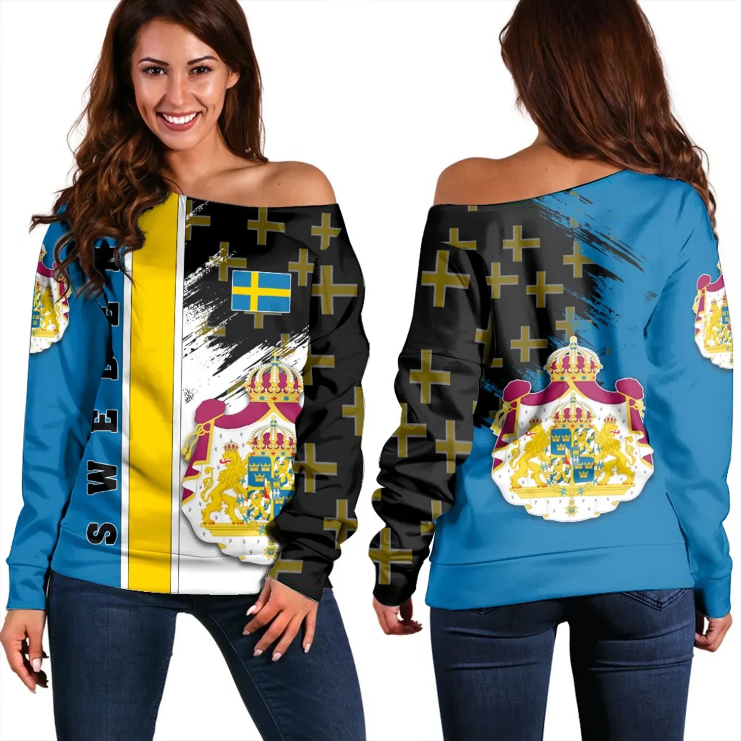 Sweden Coat Of Arms Women's Off Shoulder Sweater Flag Style JH