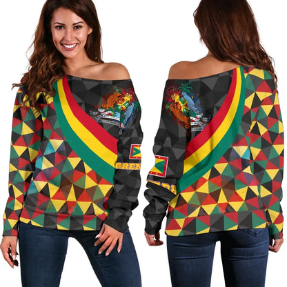Grenada Women's Off Shoulder Sweater Grenada Coat Of Arms and Flag Color