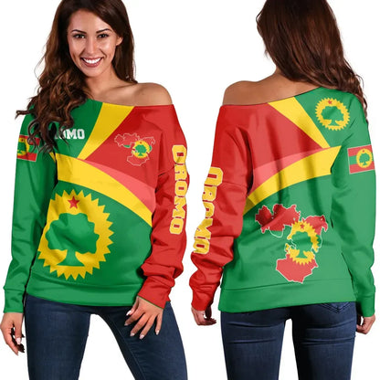 Oromo Off Shoulder Sweater Oromo Flag Maps Green