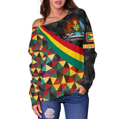Grenada Women's Off Shoulder Sweater Grenada Coat Of Arms and Flag Color