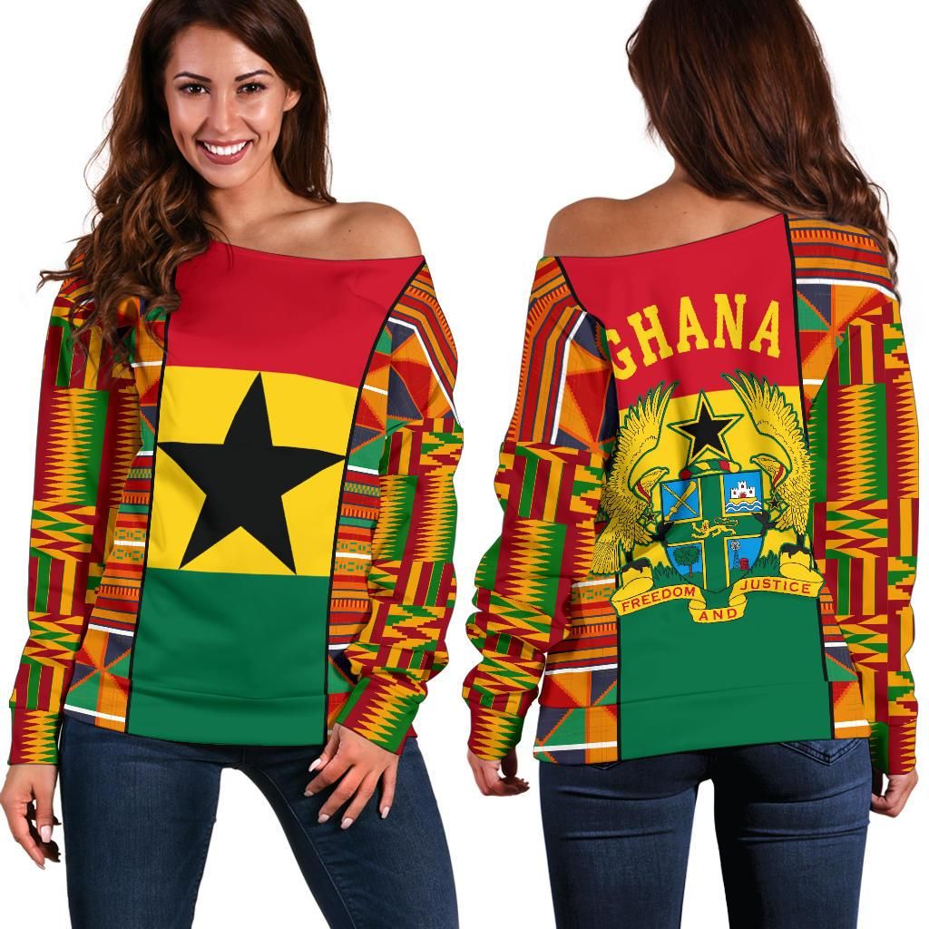 Ghana Women's Off Shoulder Sweater Kente Cloth Th5