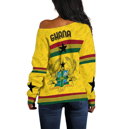 Ghana Off Shoulder Sweater Kente Round Pattern Coat Of Arms