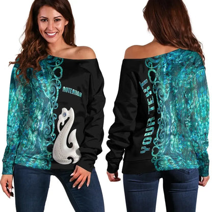 Custom Personalised Aotearoa Maori Manaia Women's Off Shoulder Sweater Half Papua Shell Style No.2
