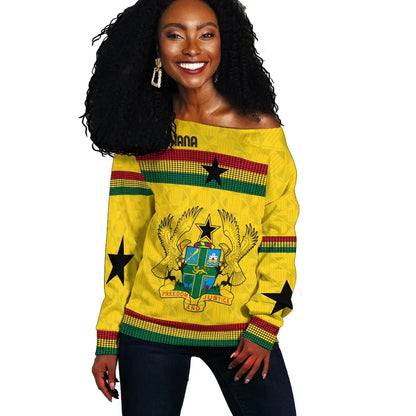 Ghana Off Shoulder Sweater Kente Round Pattern Coat Of Arms