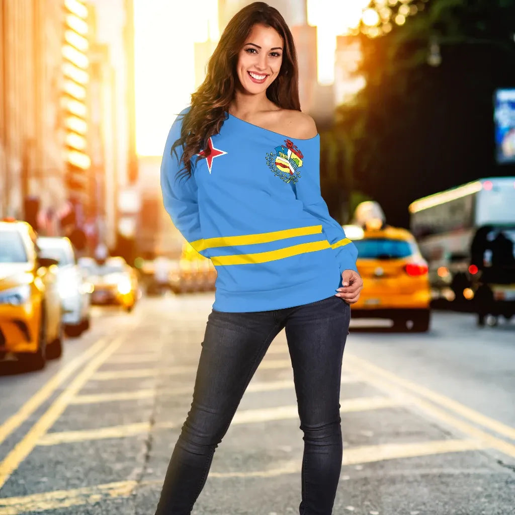Aruba Flag And Coat Of Arms Off Shoulder Sweater