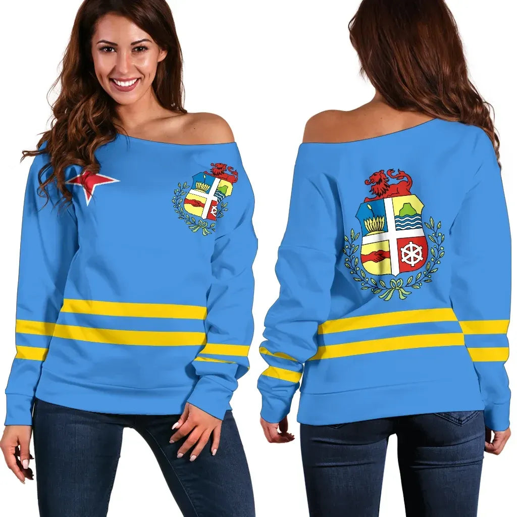 Aruba Flag And Coat Of Arms Off Shoulder Sweater