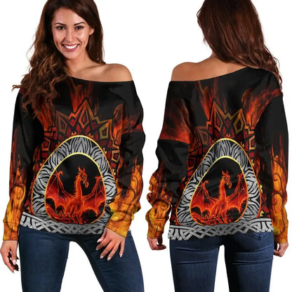 Celtic Dragon Women's Off Shoulder Sweater Fire Dragon