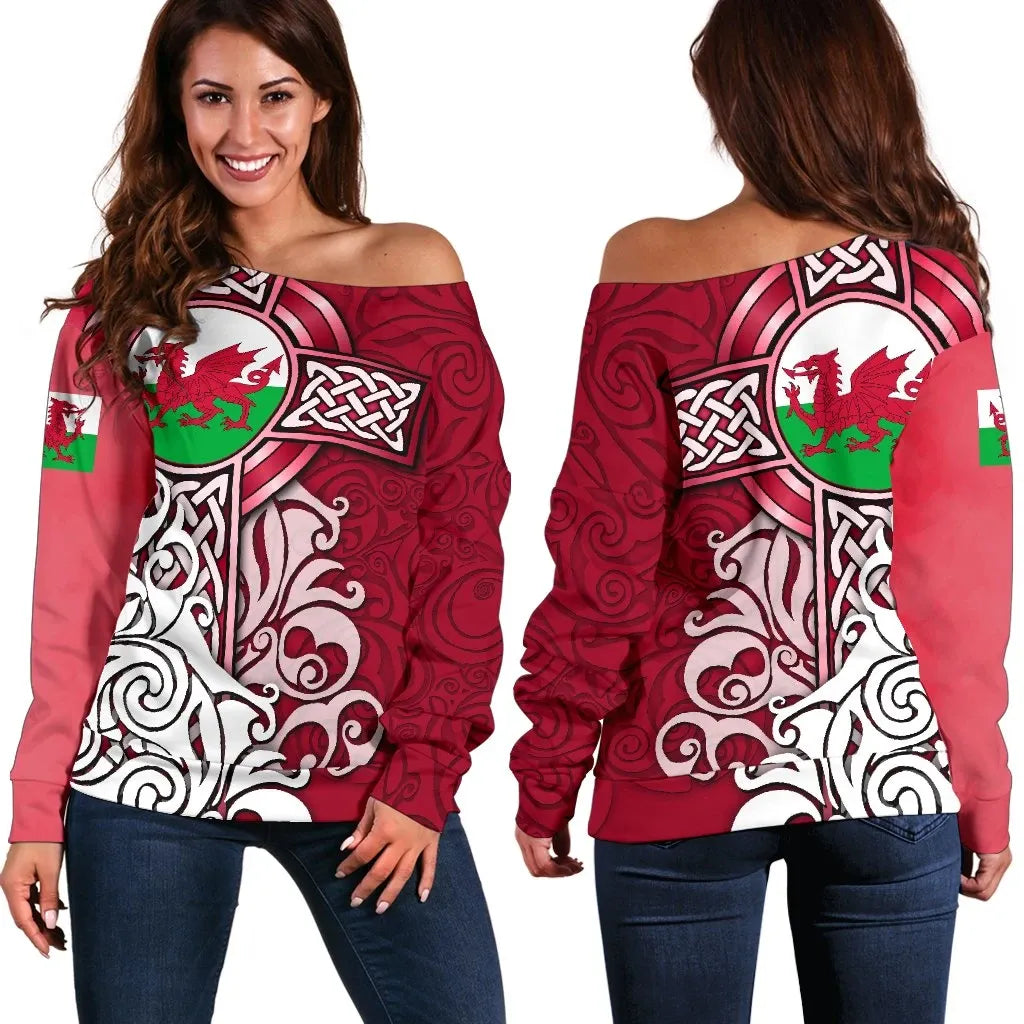 Wales Celtic Women's Off Shoulder Sweater Welsh Dragon Flag with Celtic Cross