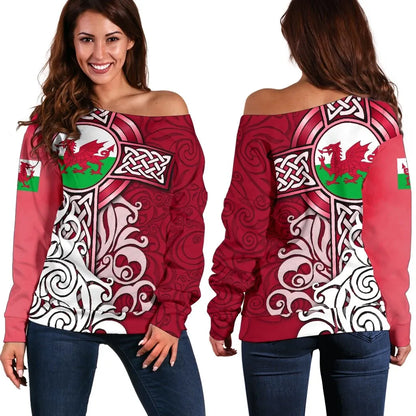 Wales Celtic Women's Off Shoulder Sweater Welsh Dragon Flag with Celtic Cross