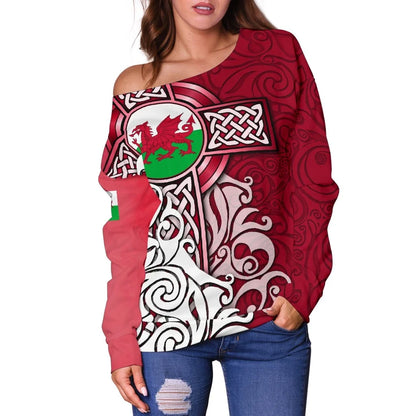 Wales Celtic Women's Off Shoulder Sweater Welsh Dragon Flag with Celtic Cross
