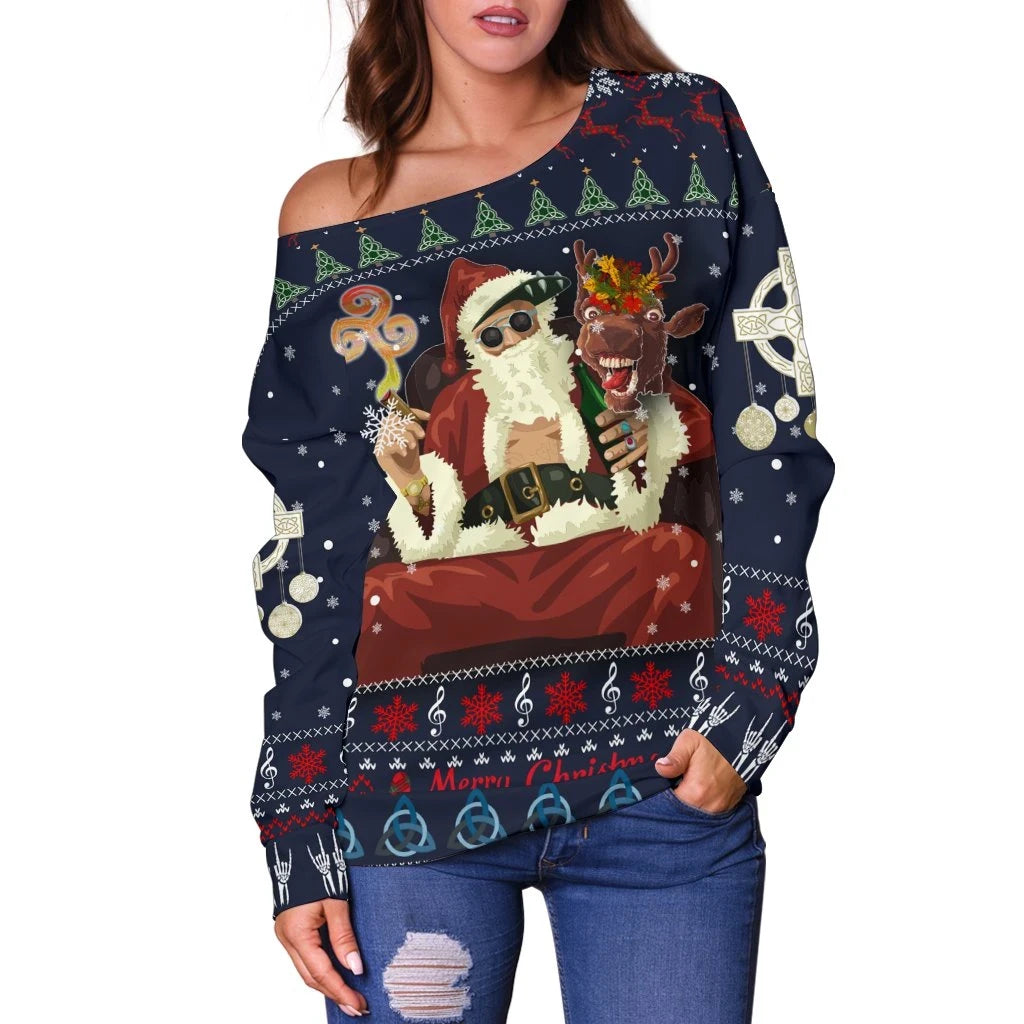 Celtic Ugly Christmas Women's Off Shoulder Sweater Gangster Santa with Reindeer