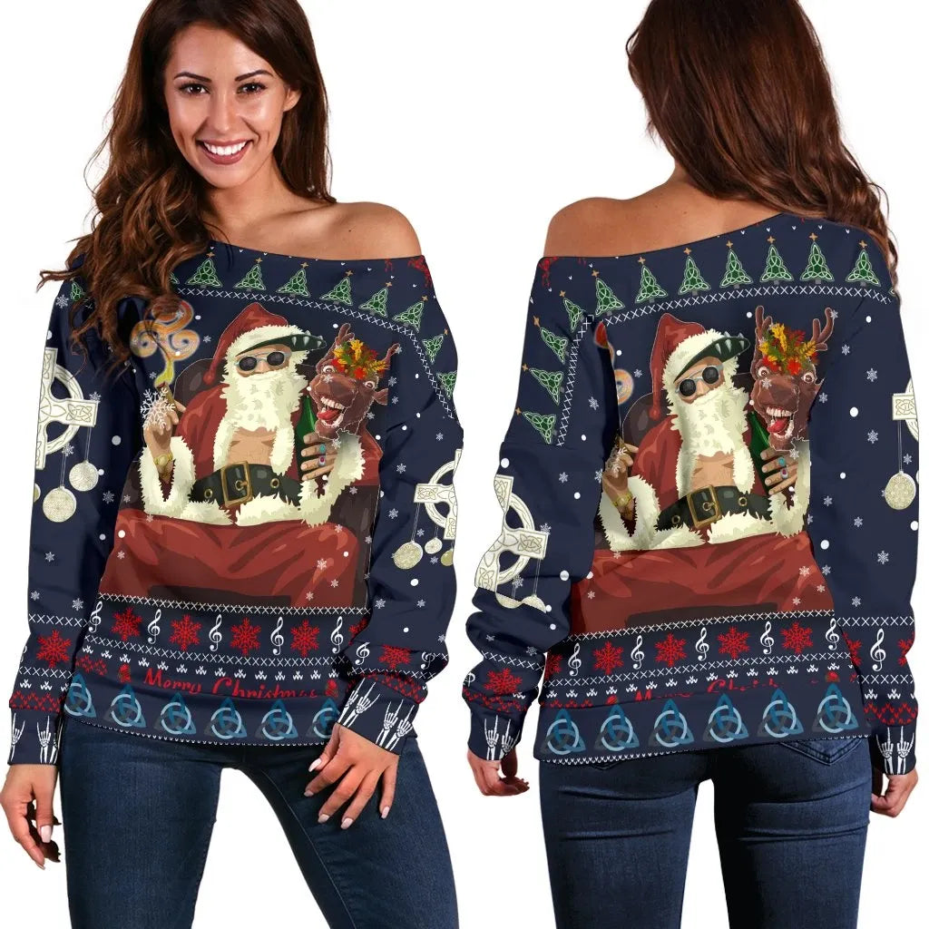 Celtic Ugly Christmas Women's Off Shoulder Sweater Gangster Santa with Reindeer
