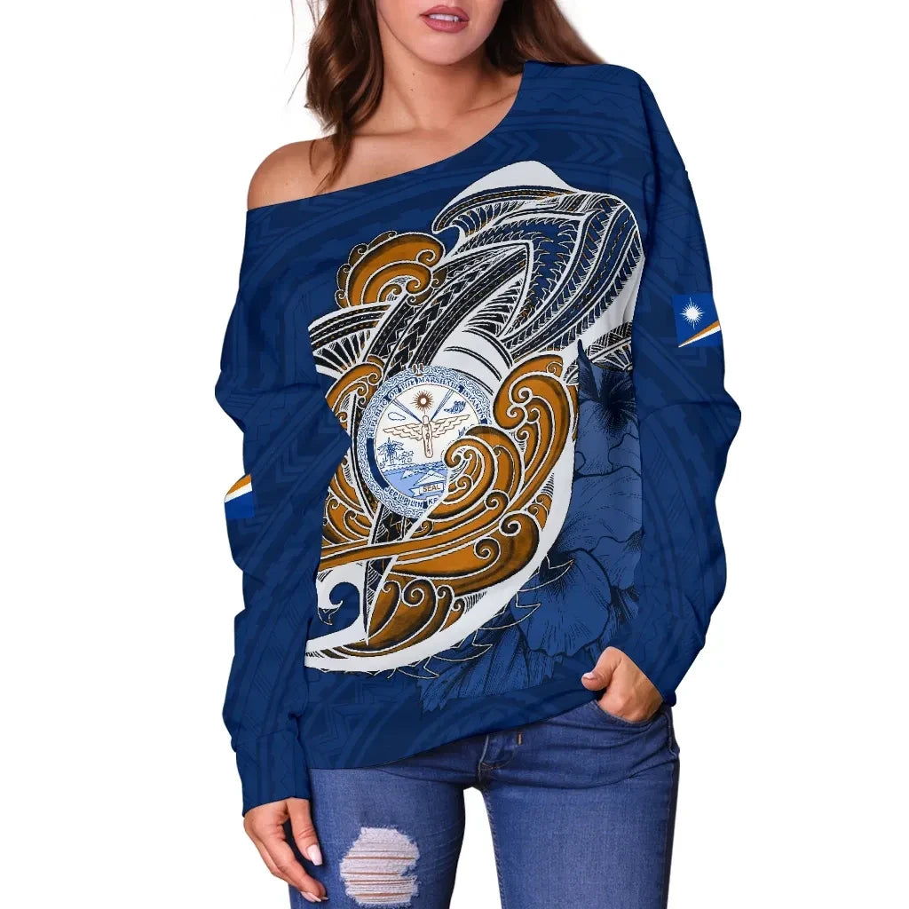 Marshall Women's Off Shoulder Sweater Shark Coat Of Arms