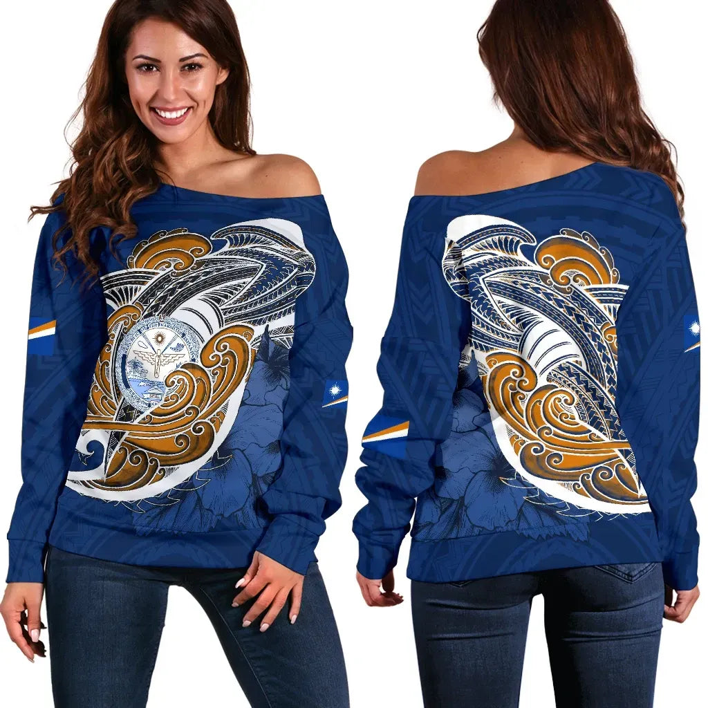Marshall Women's Off Shoulder Sweater Shark Coat Of Arms