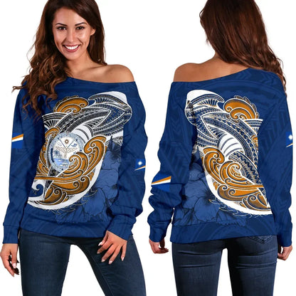 Marshall Women's Off Shoulder Sweater Shark Coat Of Arms