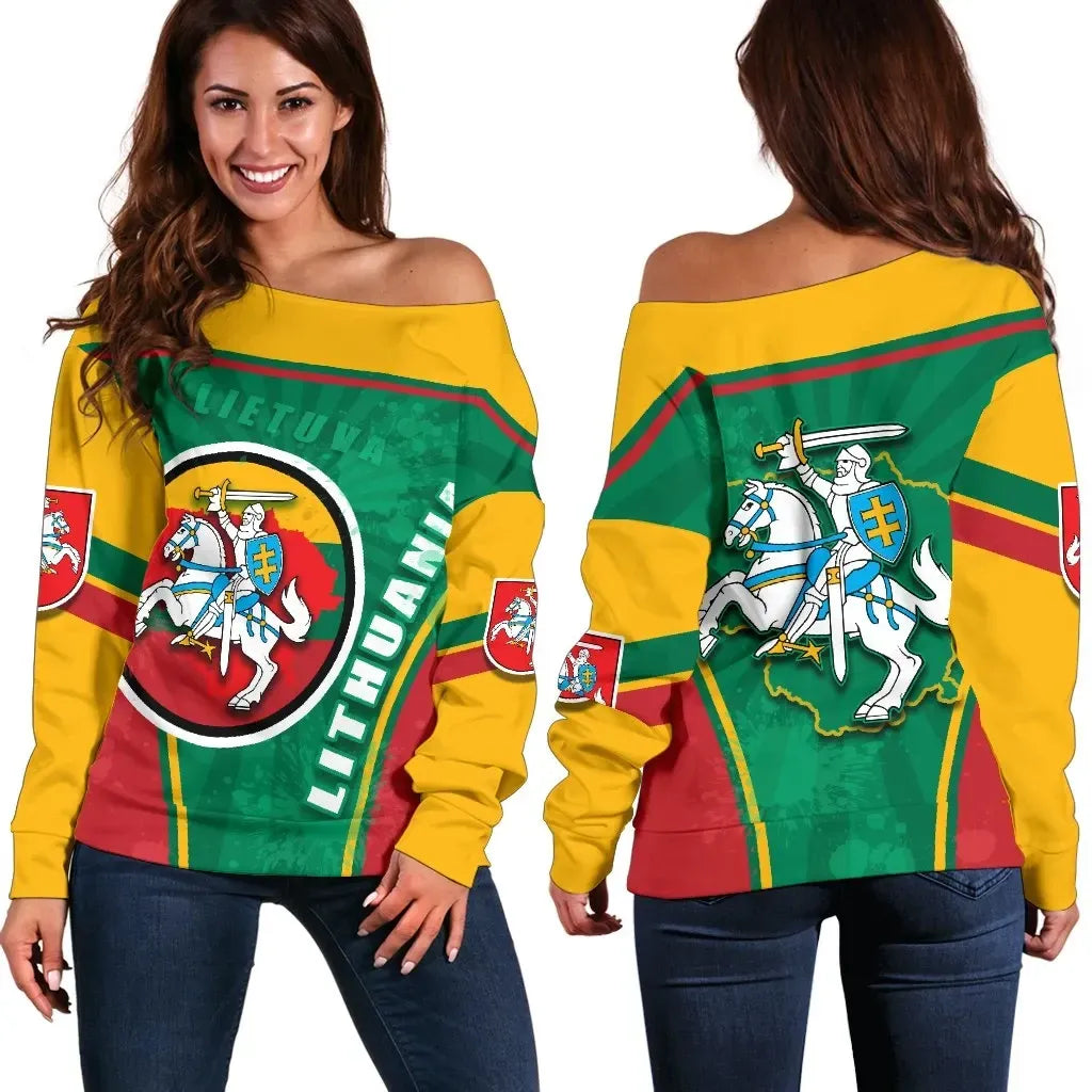 Lithuania Lietuva Off Shoulder Sweater Circle Stripes Flag Proud Version