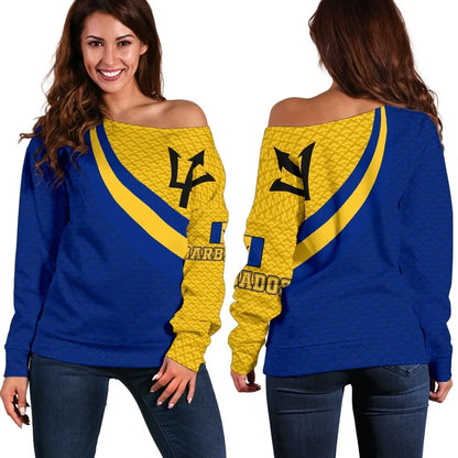 Barbados Women's Off Shoulder Sweater Barbados Coat Of Arms and Flag Color