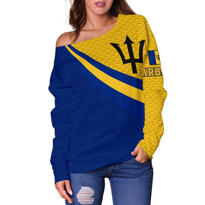 Barbados Women's Off Shoulder Sweater Barbados Coat Of Arms and Flag Color