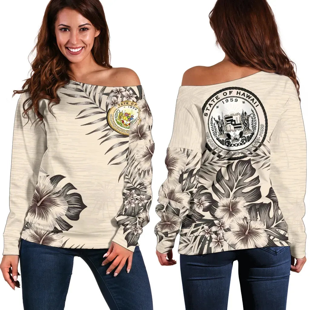 Hawaii The Beige Hibiscus Off Shoulder Sweater
